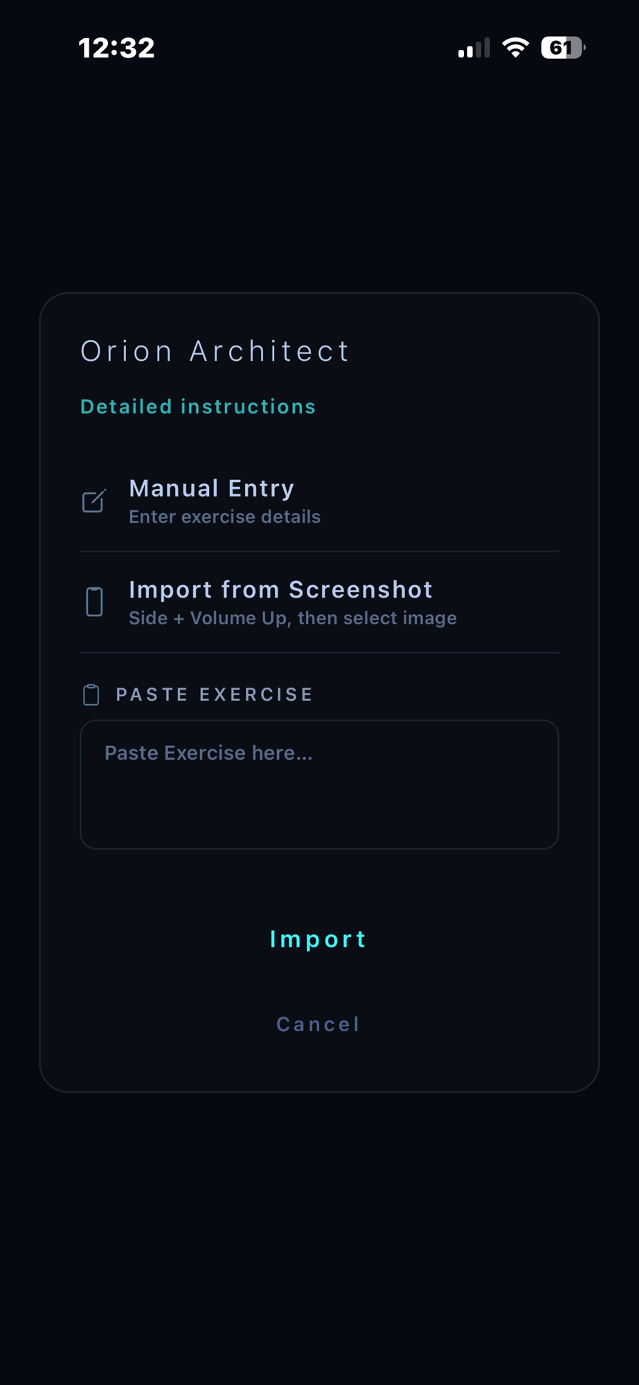 Orion Architect import screen