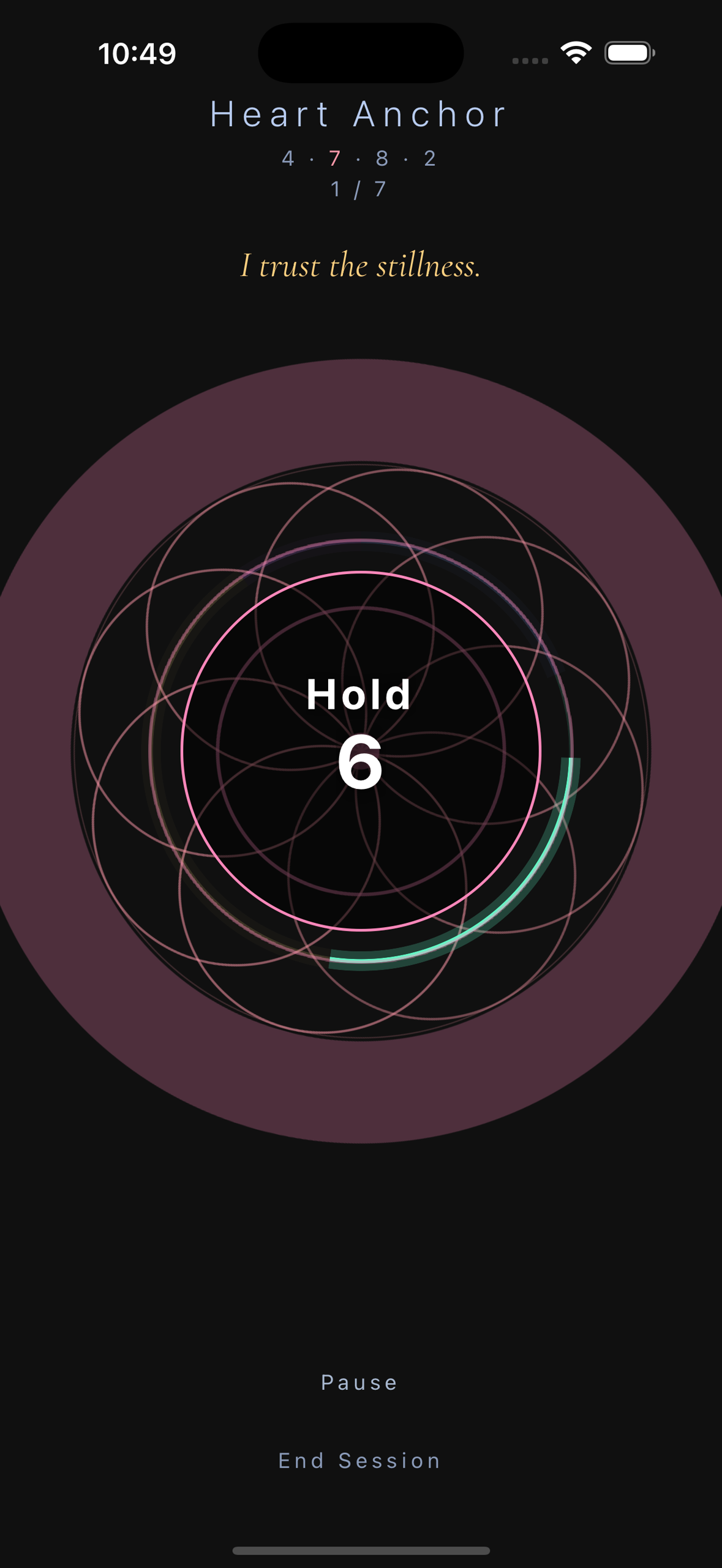 Heart Anchor mid-session — 4·7·8·2, holding